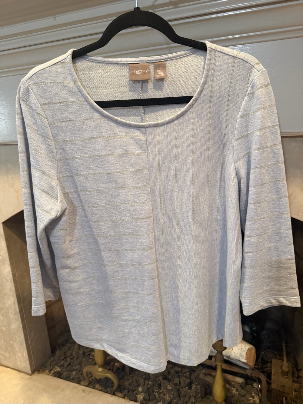 Chico's Pale Blue Knit 3/4 Sleeve Top w/ Silver Shimmer Stripes size Medium